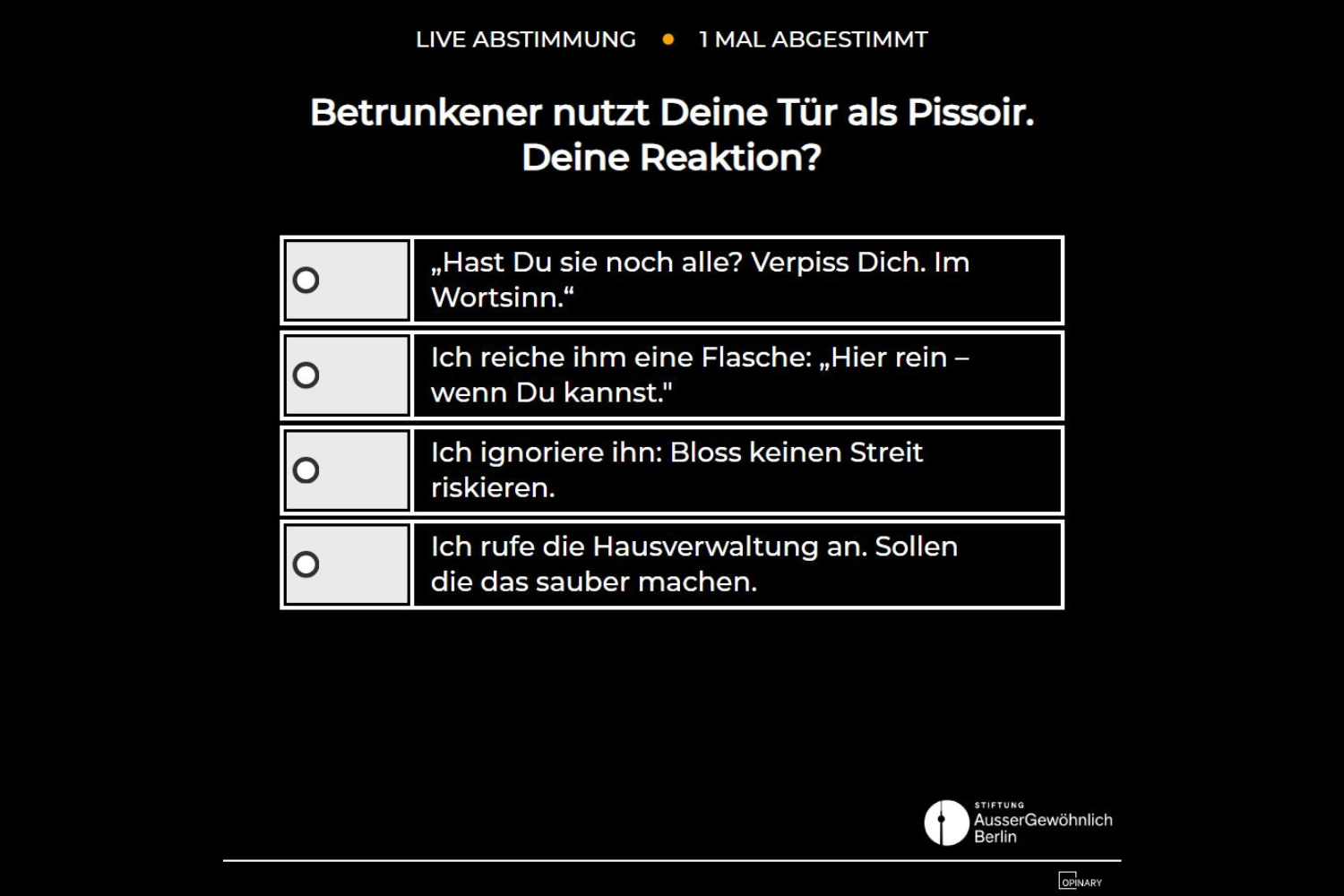 Betrunkener nutzt Deine Tür als Pissoir. Deine Reaktion?